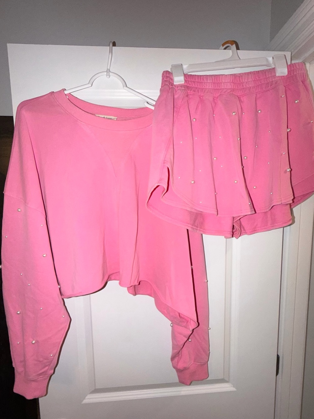Peach Love California Pink Pearl-Accent Cropped Sweatshirt & Skort Set size L